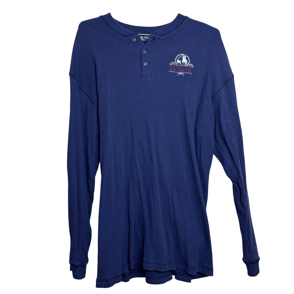 Y2K Luna Pier‎ WRCA Waffle Knit Henley Polo Shirt Mens 2XL Navy Blue Cowboy Chic